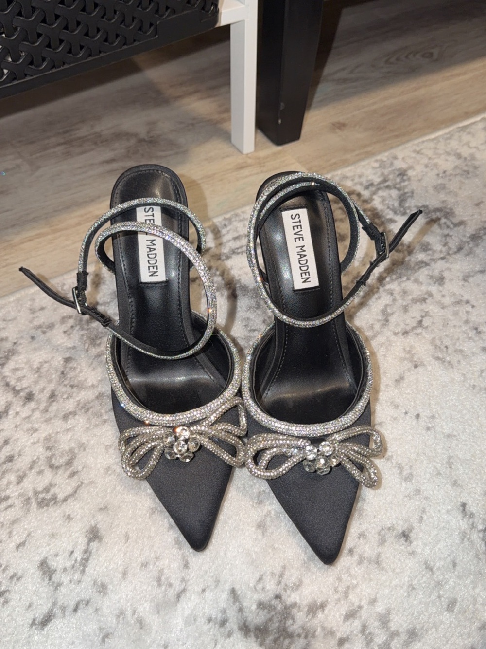 Steve Madden Black Pointed Toe Heels with Crystal Bow and Straps